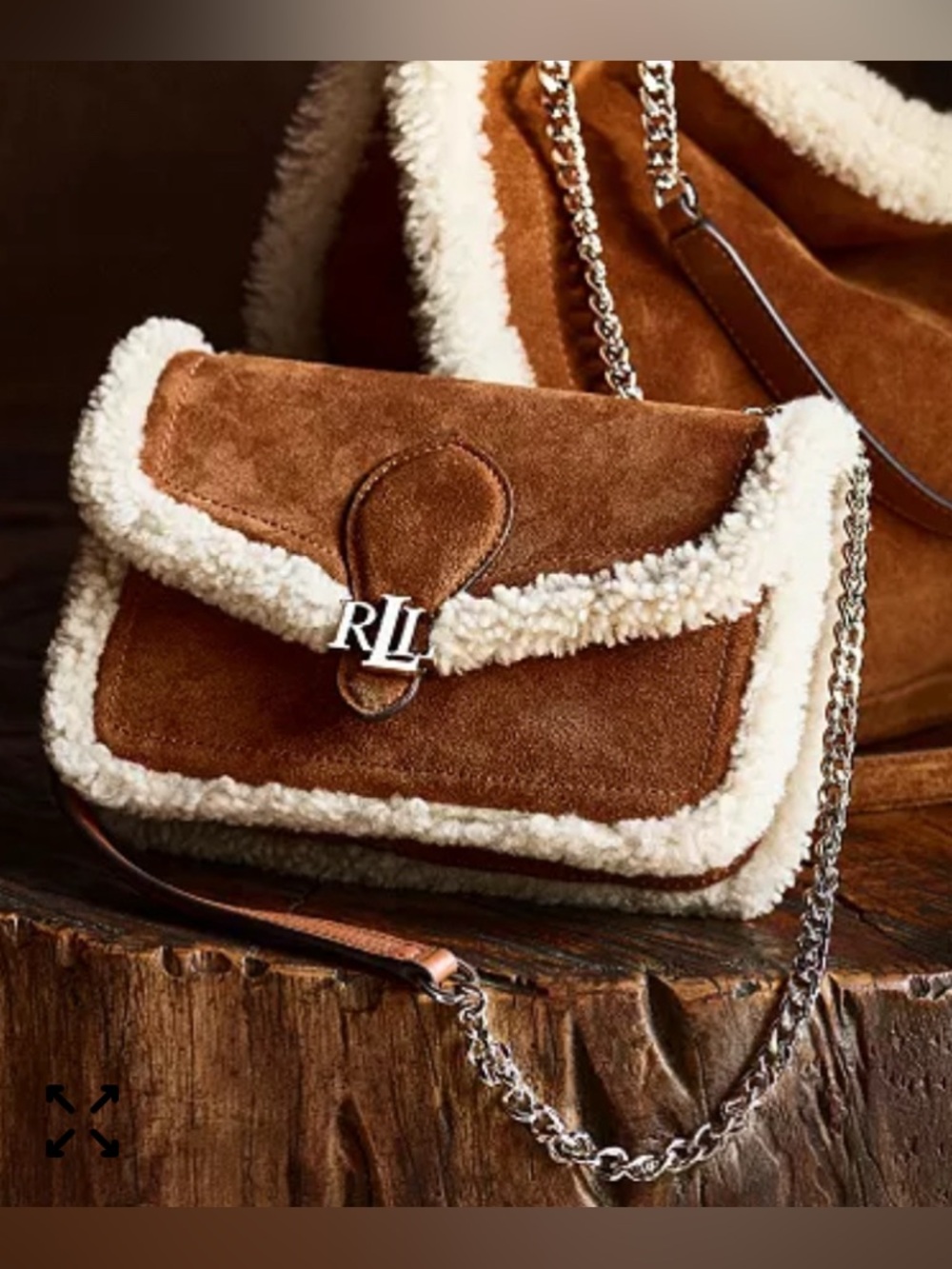 Lauren Ralph Lauren Shearling Trim Suede Crossbody Bag Tan LRL NWT